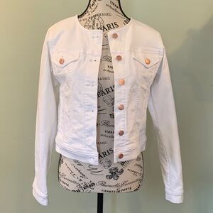 LOFT Collarless White Denim Jean Jacket with Copper Buttons Women’s XXS